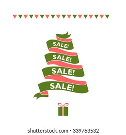 Vector Christmas card with Christmas tree and gift. Ribbon banner with SALE label. 
