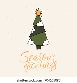 Vector Christmas card with Christmas tree  and hand lettering. 