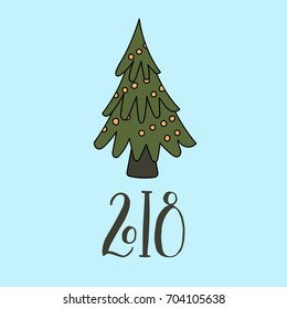 Vector Christmas card with Christmas tree  and hand lettering - 2018.