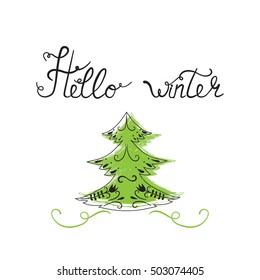 Vector Christmas card with christmas tree and lettering.  Vector design for greeting cards and invitations.