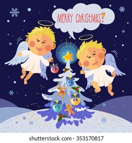 Vector Christmas card with a Christmas tree and little angels