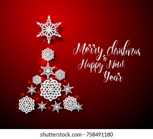 Vector Christmas card with tree made from paper snowflakes  on a red background