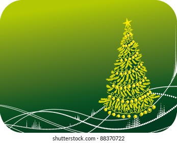 Vector Christmas card with christmas tree and shine green background