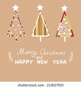 Vector Christmas card with Christmas trees and hand written text "Merry Christmas and Happy New Year". Retro new year background with hand drawing elements. Vintage holiday card.