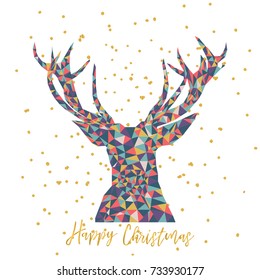 vector christmas card. triangle reindeer deer. merry snow flake. creative modern contemporary trend trendy. 2017 2018. xmas. starry night.