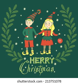 Vector christmas card with two cute elves, christmas wreath, snowflakes and text "Merry Christmas". Winter holiday background with hand drawing cartoon characters.