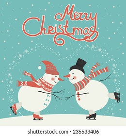 Vector Christmas card, two ice skating cartoon snowmen