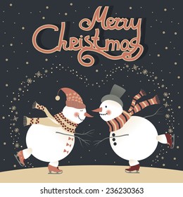 Vector Christmas card, two ice skating cartoon snowmen