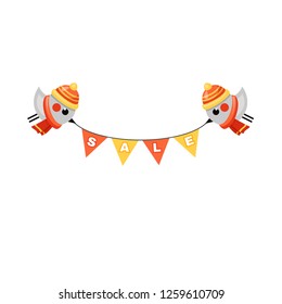 Vector christmas card with two little birds with red hats and scarfs holding flags. Cute new year illustration. Funny winter poster. Cartoon xmas sale