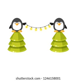 Vector christmas card with two penguins holding lights and standing on trees. Cute new year illustration with a garland. Funny winter poster. Cartoon animals