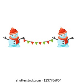 Vector christmas card with two snowmen holding flags. Cute new year illustration. Funny winter poster. Cartoon xmas