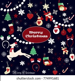 Vector Christmas card with various ornaments on a dark blue background