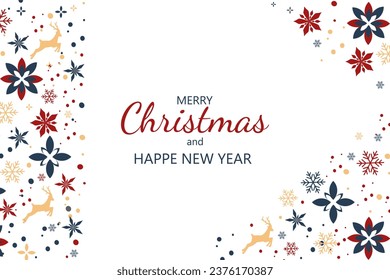 Vector Christmas card with a vertical frame, a border with Christmas decor and a place for an inscription. Wallpaper or background decor of snowflakes and deer.
