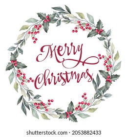 Vector Christmas card. Watercolor painting with hand lettering. Berry wreath for Christmas. Watercolor.Winter eco-friendly decor for printing greeting cards. Decorative element.