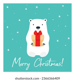 Vector Christmas card with white cute bear holding a gift in his paws. Greeting card with blue background and snowflakes. 