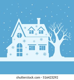 Vector christmas card with with white silhouette of a house with snowflakes and a tree on a blue background. Cute new year illustration. Winter poster. X-mas landscape.
