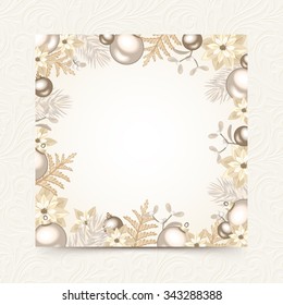 Vector Christmas card with white and silver fir branches, balls, poinsettia and mistletoe.