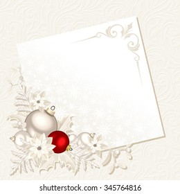 Vector Christmas card with white, silver and red balls, fir branches, poinsettia and mistletoe.