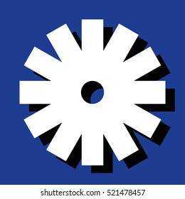 Vector. Christmas card with white snowflake icon, logo flat style, design elements on a blue background. Logo geometric flower with petals or wheel