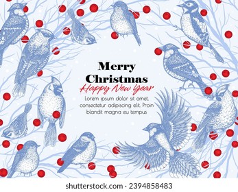 Vector Christmas card with winter birds. Waxwing, robin, bullfinch, red cardinal, sparrow, woodpecker and blue jay in engraving style	