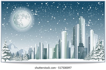 Vector Christmas card with winter city and big buildings. City downtown in snowy day.