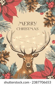 Vector Christmas card with winter flora and deer