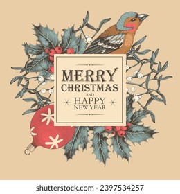 Vector Christmas card with winter flora and bird