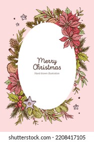 Tarjeta de Navidad vectorial con plantas de invierno: ramas de abetos, holly, poinsettia en estilo gráfico. Ilustración Floral Feliz Año Nuevo. Ramo de Navidad dibujado a mano para invitación, volante, folleto, portada
