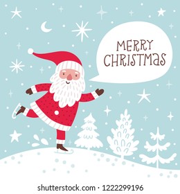 Vector Christmas card witn cute Santa Clause and hand written text. Holiday poster with smiling cartoon character. Winter background with New Year symbol.