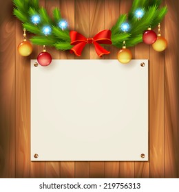 Vector Christmas card with wooden wall, board, fir tree branches garland, bow, Christmas balls