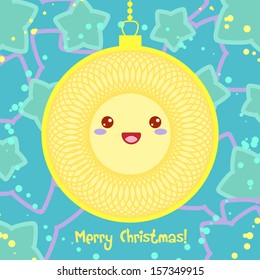 Vector Christmas card with yellow ball and star on background in Kawaii style