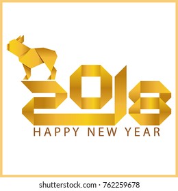 Vector Christmas card with a yellow dog bulldog in origami style and an inscription on a white background
