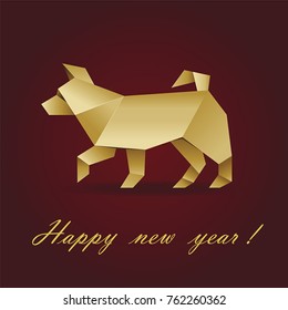 Vector Christmas card with a yellow dog and an inscription in the style of origami on a red background