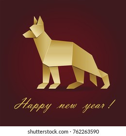 Vector Christmas card with a yellow dog-sheepdog and an inscription in the style of origami on a dark red background