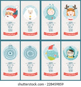 Vector christmas cards collection, with santa claus, cute bird, sheep, girl, boy and balls. Vector illustration Merry christmas and Happy new year with snowflakes background