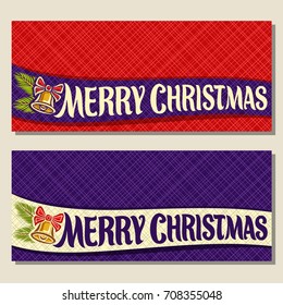 Vector Christmas cards with copy space: on ribbon handwritten font for text merry christmas, 2 horizontal banners with red & purple abstract background, golden christmas bell with bow, spruce branch.