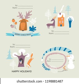 Vector Christmas cards with cute forest animals in cartoon style