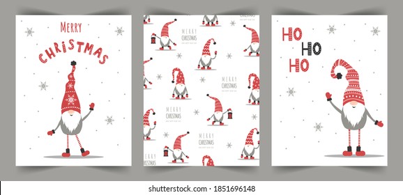 Vector Christmas cards with gnomes. Season greeting. Scandinavian cute elves in red winter hats on white background. Nordic illustration in flat style.