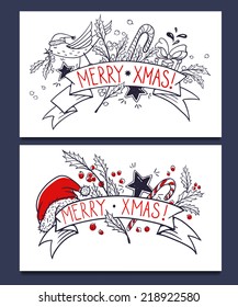 vector Christmas cards with hand drawn holiday items