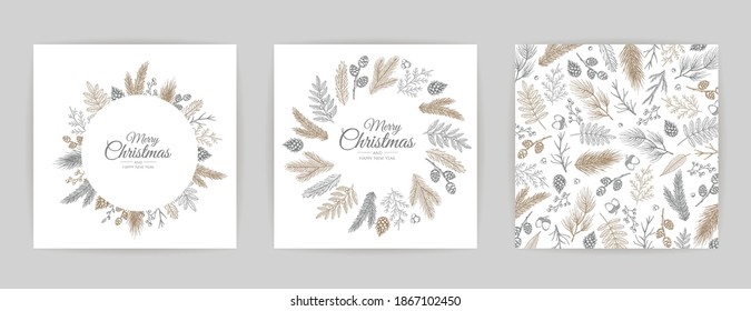 Vector Christmas Cards Set. Holiday Party Card Templates Design