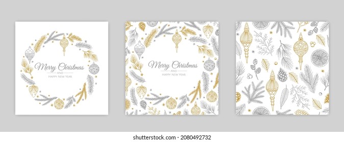 Vector Christmas Cards Set. Holiday Party Card Templates Design