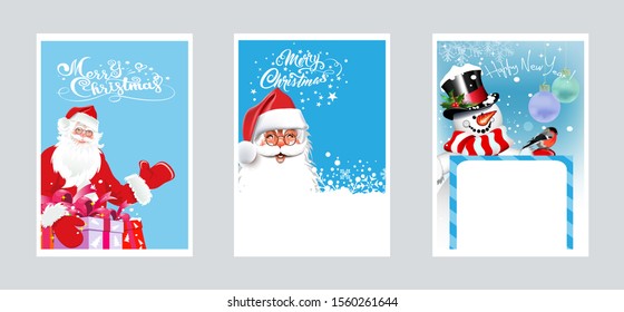 Vector Christmas cards. Three images with Santa Claus and snowman for Christmas and New Year for your design.