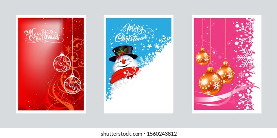 Vector Christmas cards for your design. Three images with Christmas balls and snowman for Christmas and New year decoration. Graphics design.