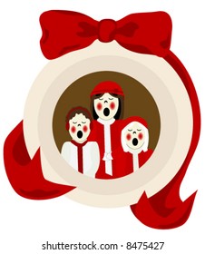 Vector Christmas Carolers Ornament is adorned in an ornament style frame and beautiful ribbon.