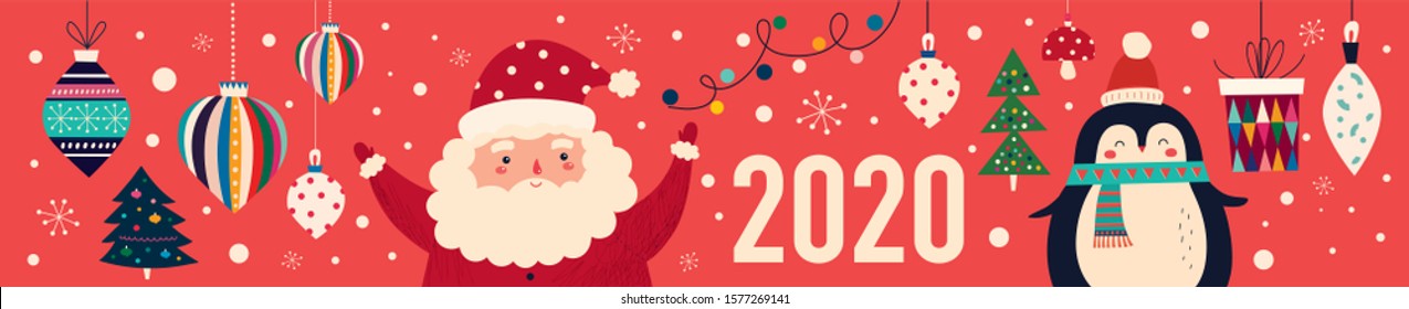 Vector Christmas cartoon banner with cute Santa Claus and penguin