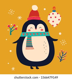 Vector Christmas cartoon illustration with cute penguin 