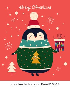 Vector Christmas cartoon illustration with cute penguin 