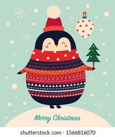 Vector Christmas cartoon illustration with cute penguin