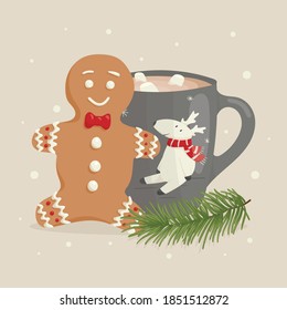 Vector Christmas cartoon illustration. Gingerbread man, decorated mug of tea or coffee with a picture of a cute deer. Sprig of spruce or pine. New year decoration