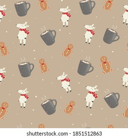 Vector Christmas cartoon illustration. Seamless pattern on the theme of the new year. Mug with hot tea, coffee or cocoa, cute white deer and gingerbread man.